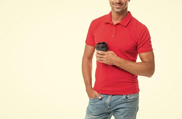 Happy Barista Casual Red Tshirt Holding Disposable Cup Takeaway Coffee — Stockfoto