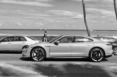 Palm Beach, Florida ABD - 21 Mart 2021: ABD tarafındaki Palm Beach 'te Porsche arabası..