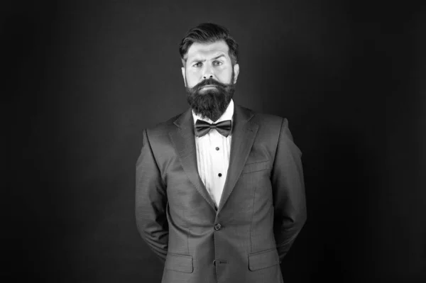 Serious Man Tuxedo Bow Tie Gentleman Formalwear Black Background Male — стоковое фото