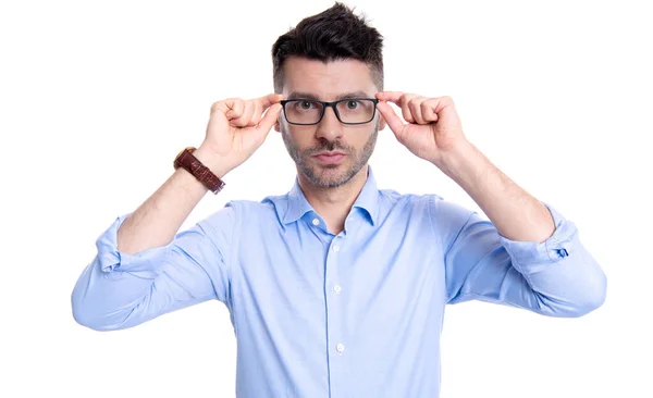 Foto Eines Mannes Brille Kaukasische Mann Gesicht Brille Isoliert Auf — Stockfoto