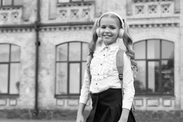 Happy Girl Uniform Back School Listening Audio Course Headphones Education — Stock Photo, Image