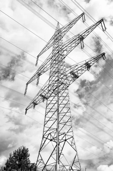 Transmission Tower Overhead Power Line Lattice Metal Structure Bottom Cloudy — Stock Photo, Image