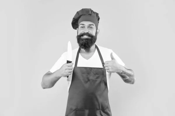 Happy Man Red Apron Toque Giving Thumb Holding Chefs Knife — Stock Photo, Image