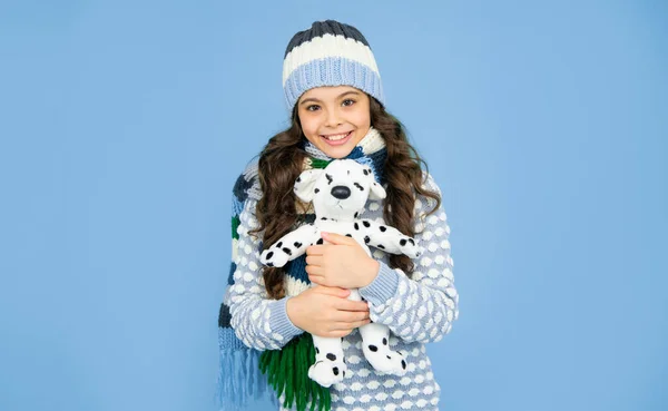 Glad Child Knitwear Hold Toy Teen Girl Blue Background Happy — Stockfoto