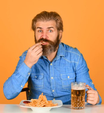 Tembel adam taze bira ve abur cuburun tadını çıkarıyor. Fast food 'lu adam. Restoranda bira ve patates kızartması. Barda yiyip içiyorum. Hipster tavernada rahatlar. Sakallı adam atıştırıyor..