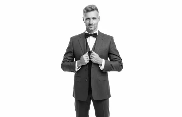 Smiling Mature Man Bow Tie Blue Suit Businessman Isolated White — Stock Photo, Image