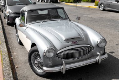 Seattle, Washington ABD - Nisan 06, 2021: Blue Austin Healey eski model üstü açılır eski araba.