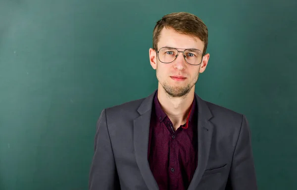 Man Teacher Wear Eyeglasses Vision Green Chalkboard Background Intelligent Guy — Stock Photo, Image