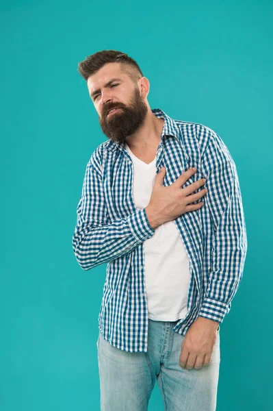 Cuida Teu Coração Homem Barbudo Sofre Dor Coração Hipster Segura — Fotografia de Stock