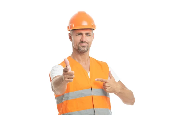 Man Engineer Pointing Finger Isolated White Man Engineer White Studio — Stock Photo, Image