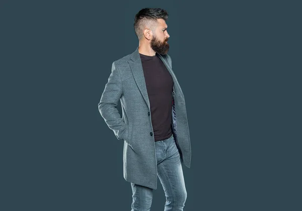 Barbuto Uomo Maturo Indossare Casual Sfondo Grigio Abbigliamento Uomo — Foto Stock