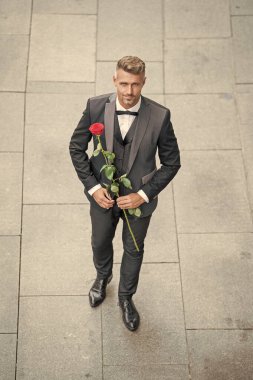 engagement date. romantic tuxedo man celebrates engagement. man with rose gift for engagement.