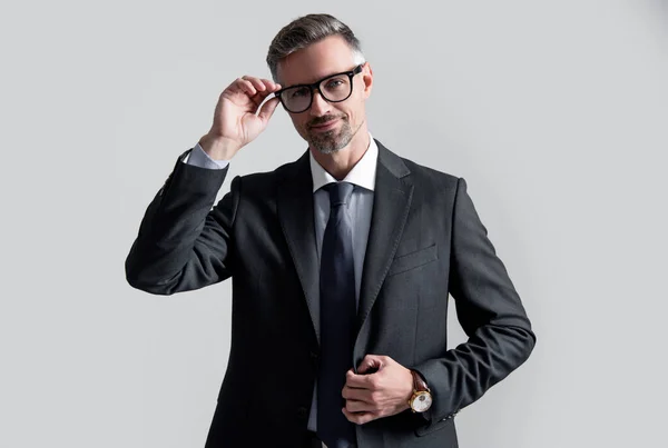 Happy Mature Ceo Wear Businesslike Suit Grey Background — Stok fotoğraf