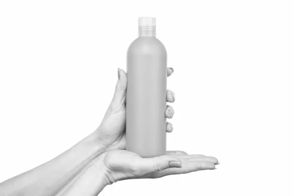 Female Hands Hold Body Lotion Bottle Copy Space — ストック写真