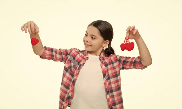 Small Girl Holding Hearts Sticks Cute Girl Red Hearts Child — Stockfoto