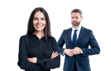 Mutlu iş ortaklarının fotoğrafları. Profesyoneller. Beyaz arka planda izole edilmiş iş ortakları. Stüdyoda iş ortakları. Resmi giyimde birkaç iş ortağı..