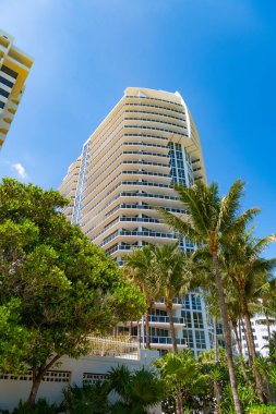 Florida 'da palmiyeli gökdelen cephesi mimarisi. Miami 'deki gökdelen cephesi mimarisi. Gökdelen cephesi mimarisinin fotoğrafı. Miami 'deki gökdelen cephesi mimarisi.
