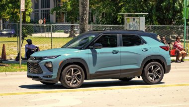 Miami Beach, Florida USA - April 15, 2021: blue chevrolet trailblazer RS suv vehicle, side view.