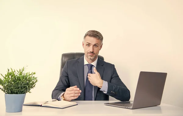 Mature Businessman Sitting Presenting Himself Business Office — Foto de Stock