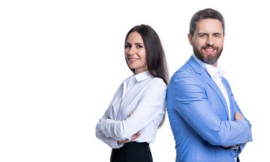 İş adamlarının liderlik profesyonellerinin fotoğrafı, kopyalama alanı. Beyaz arka planda izole edilmiş iş adamları liderliği. Stüdyoda iş adamları liderliği. Bir çift iş adamı liderliği
