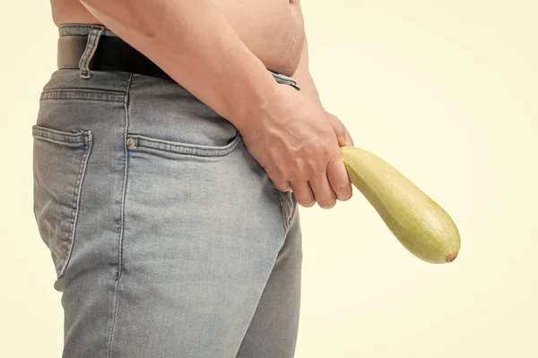 Man Crop View Holding Zucchini Limp Dick Crotch Level Imitating — Stockfoto