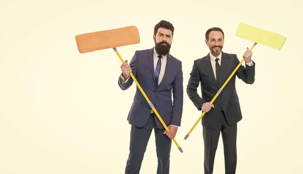 Bearded Men Formal Suits Hold Mops Big Cleaning Day Cleaning — Fotografia de Stock