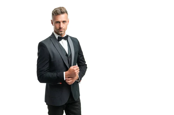 Handsome Man Suit Bow Tie Businessman Isolated White Boss Formal — Stock Photo, Image