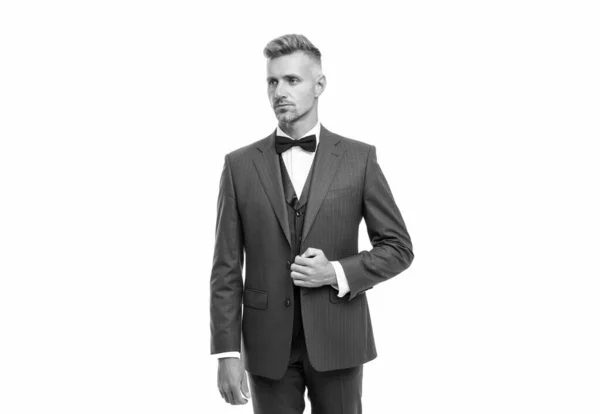Mature Man Bow Tie Blue Suit Businessman Isolated White Gentleman — Stock Photo, Image