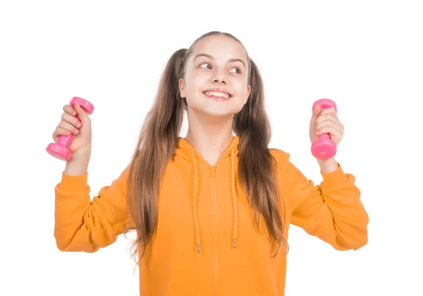 Ευτυχισμένη Ισχυρή Έφηβος Κορίτσι Κατάρτισης Βαράκια Απομονώνονται Λευκό Γυμναστήριο — Φωτογραφία Αρχείου