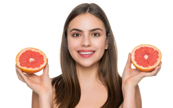 Bőr Vidám Szépség Háttérben Bőrfotó Egy Grépfrút Vitaminos Nőről Fehér — Stock Fotó