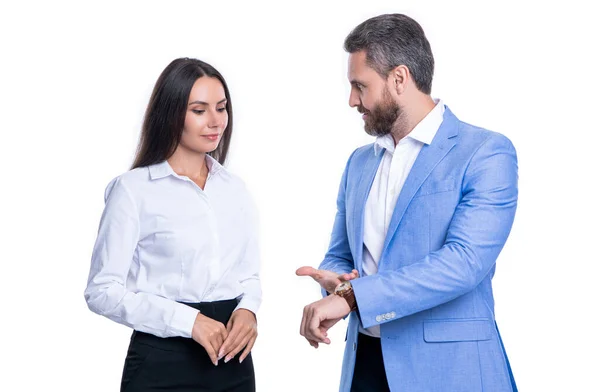 photo of punctual business boss and employee. business boss and employee isolated on white background. business boss and employee in studio. couple of business boss and employee in formalwear.