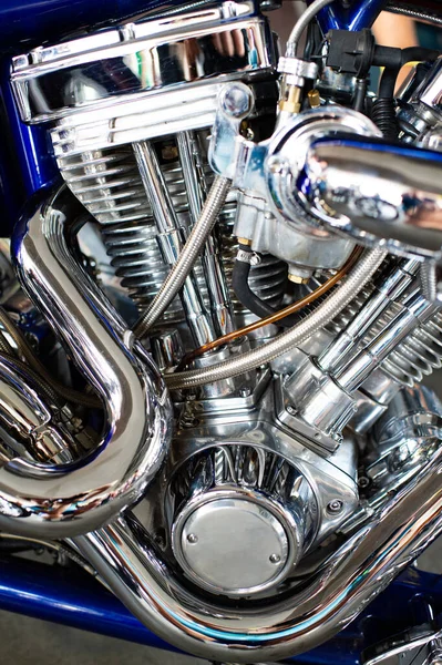 Индивидуальные Мотоциклы Металлические Хромированные Детали Двигателя — стоковое фото