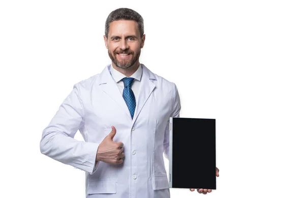 Sağlık Doktor Adamın Tabletli Fotoğrafı Başparmağını Kaldır Ehealth Destekleyen Doktor — Stok fotoğraf