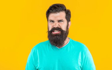 Stüdyodaki saldırgan sakallı adam. Arka plandaki sakallı adam. Bıyıklı sakallı adamın fotoğrafı. Sakallı adam sarıda izole edilmiş..