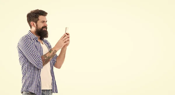 Smiling Brutal Bearded Man Taking Photo Phone Isolated White Background — Stockfoto