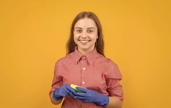 Happy Child Rubber Gloves Sponge Yellow Background — Foto de Stock