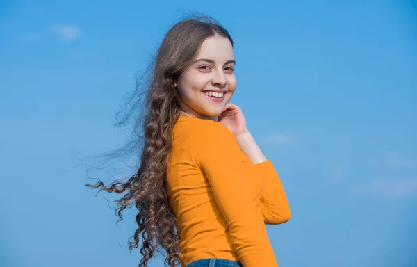 Teen Girl Cheerful Face Sky Background — стоковое фото