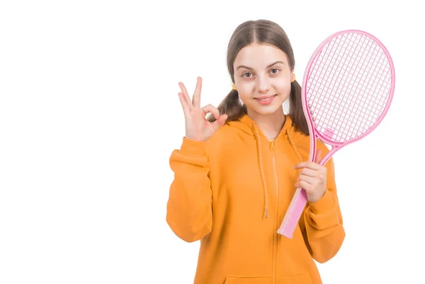 Cheerful Girl Child Hold Tennis Badminton Racket Show Gesture Isolated — Stockfoto