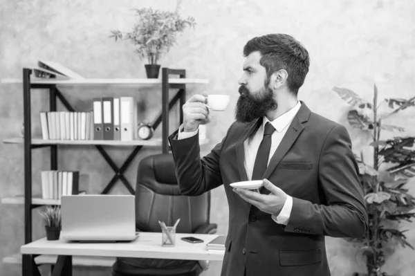 Ernsthafte Brutale Ceo Geschäftlichen Anzug Halten Morgen Kaffeetasse Büro Morgen — Stockfoto