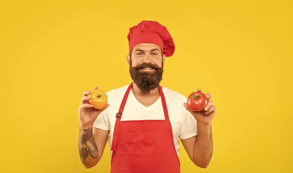 Happy Man Apron Toque Holding Red Yellow Tomatoes Yellow Background — Stock Fotó