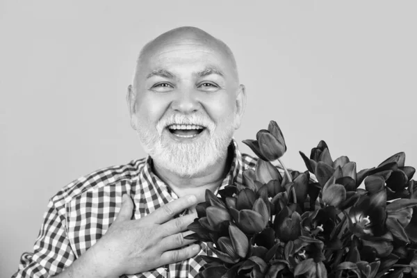 Mutlu Yaşlı Sakallı Adam Sarı Arka Planda Bahar Lale Çiçekleri — Stok fotoğraf