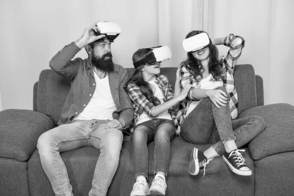 Amazed Family Wear Glasses Sitting Sofa Home Video Game — Foto de Stock