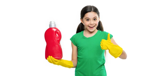 Lány Tisztító Mosószerrel Elszigetelt Fehér Hüvelykujj Fel Tisztítószeres Lány Mosószerrel — Stock Fotó