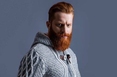 Gri renkte, kalın örgülü, vahşi sakallı bir adam. Stüdyoda örgü ören vahşi bir adam. Arka planda kalın örgü ören vahşi bir adam. Sıkı örgü giymiş vahşi bir adamın fotoğrafı..