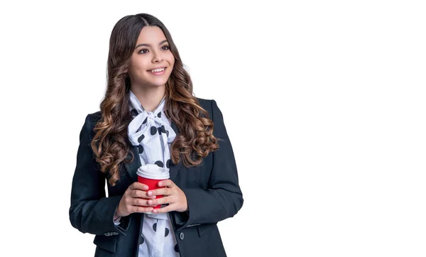 Teen Business Girl Hold Coffee Background Photo Teen Business Girl — Stok fotoğraf