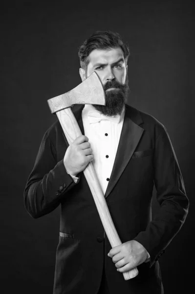 Bearded Man Holding Axe Brutal Barber Barbershop Barbering Your Beard — Fotografia de Stock