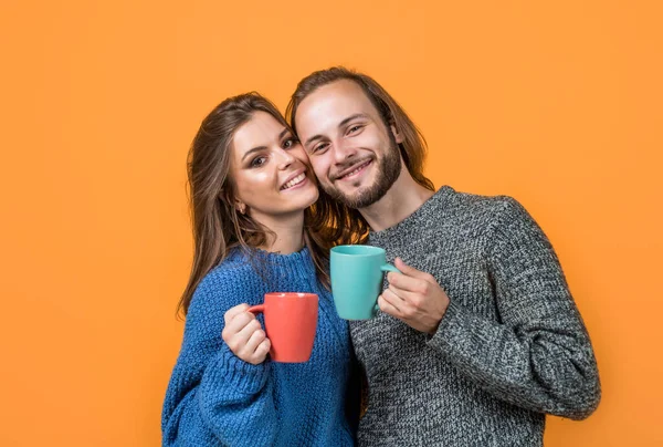 Happy Woman Man Wear Knitted Clothes Winter Drink Tea Cup — Φωτογραφία Αρχείου