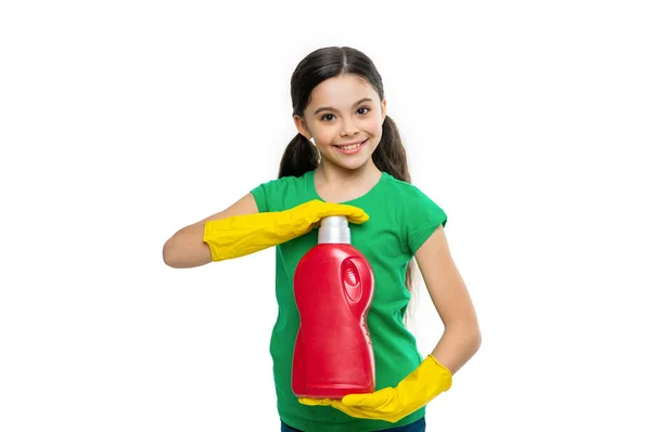 Flicka Med Tvättmedel Isolerad Vitt Presentera Produkten Flicka Med Tvättmedel — Stockfoto