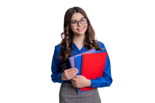 stock image cheerful school student girl isolated on white. school student girl in studio. school student girl on background. photo of school student girl with homework.