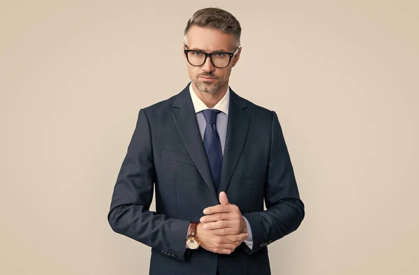 Mature Ceo Wear Businesslike Suit Grey Background — Zdjęcie stockowe